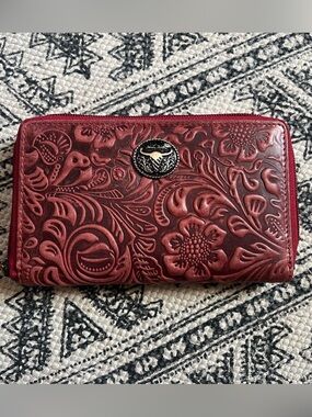 Embossed Floral Zip-Around Wallet in Deep Red
